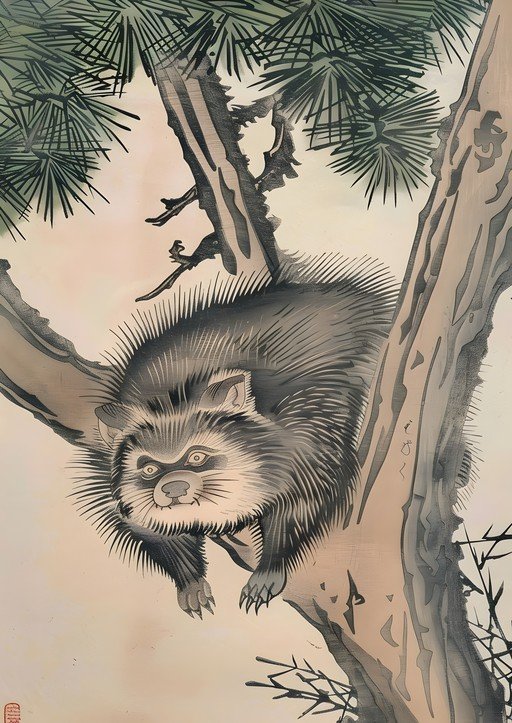 Raccoon in a Pine Tree