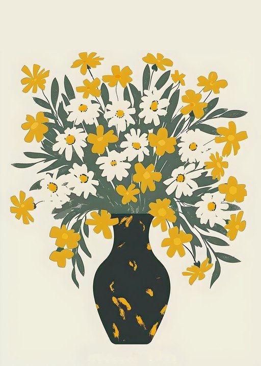 Vase of Yellow and White Daisies