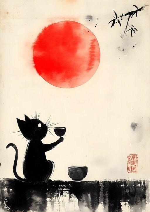 Black Cat Enjoys Tea Under a Red Sun