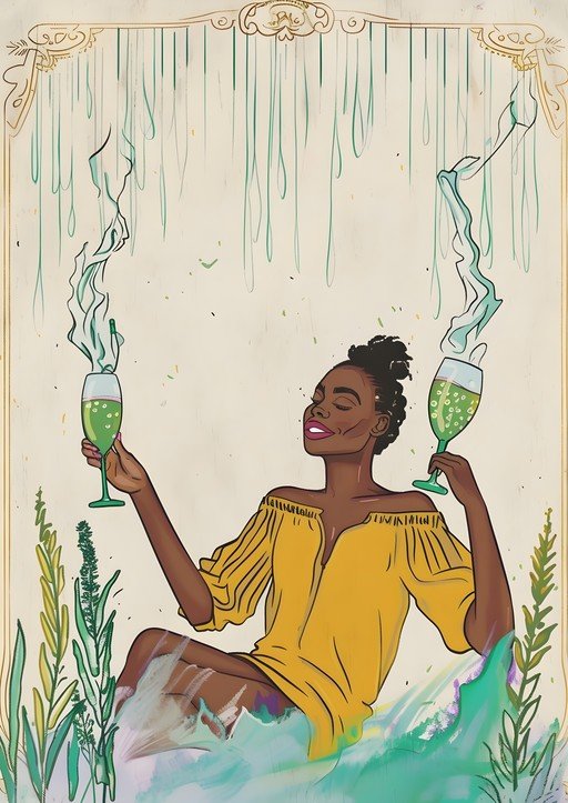 Woman Enjoying Green Drinks in a Whimsical Setting