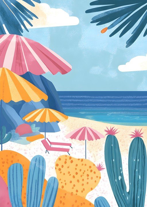 Vibrant Tropical Beach Scene with Umbrellas and Cacti
