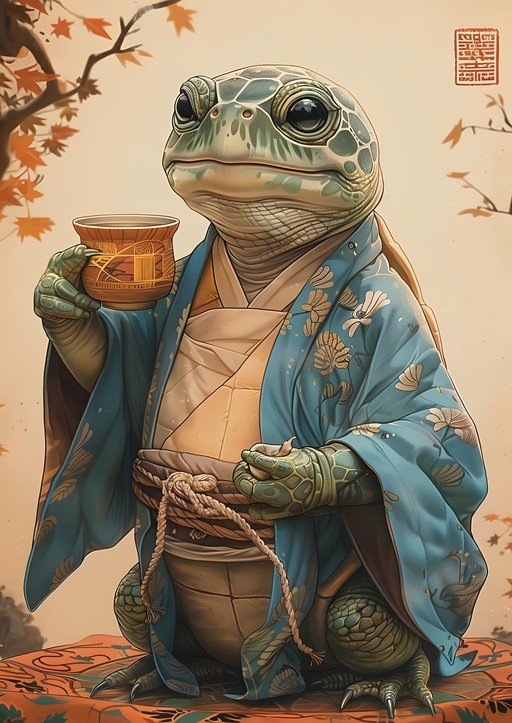 Anthropomorphic Turtle in Kimono Holds Tea Cup