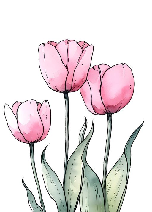 Delicate Pink Tulips Watercolor Illustration
