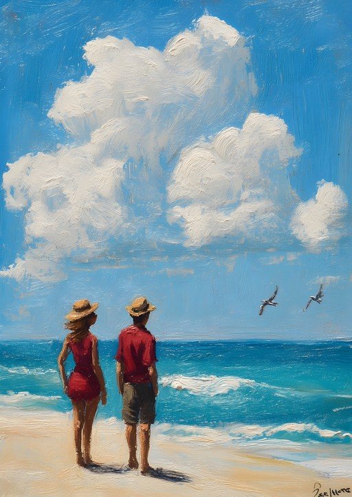Couple Gazes at Ocean Under Fluffy Clouds