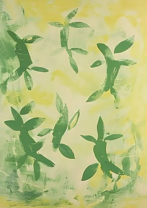 Abstract Green Bamboo Stalks on Yellow Background