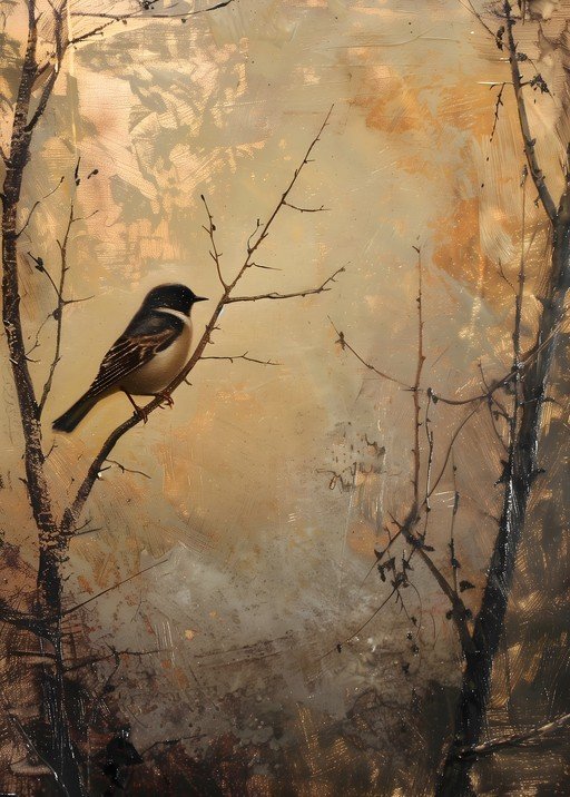 Bird on a Branch in a Textured Forest