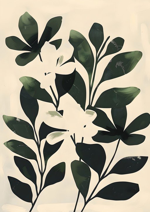 Abstract Botanical Art: Dark Green Leaves and White Flowers