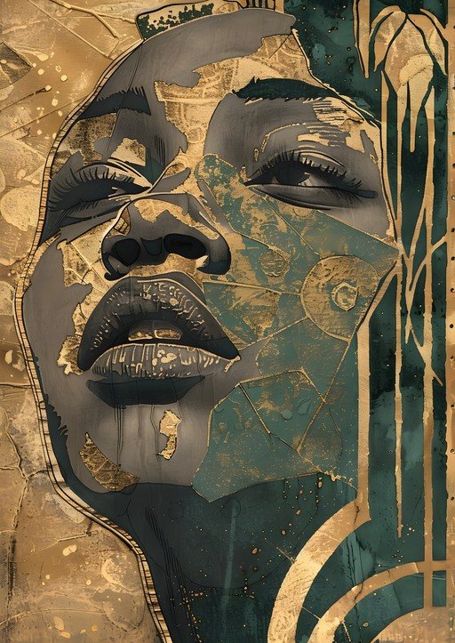 Abstract Portrait of a Woman with Gold and Teal Accents