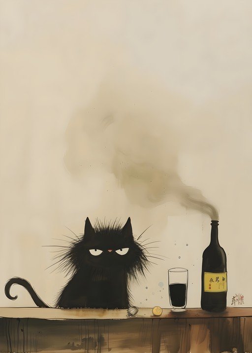 Grumpy Black Cat and Smoking Bottle