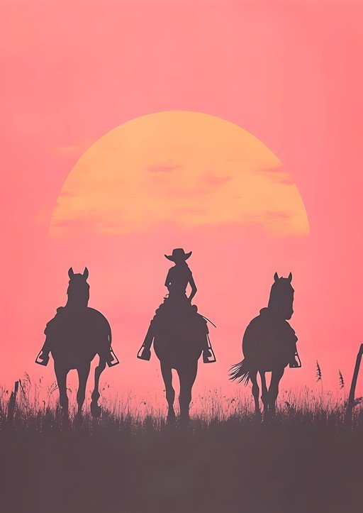 Cowgirl and Horses Silhouetted Against Sunset