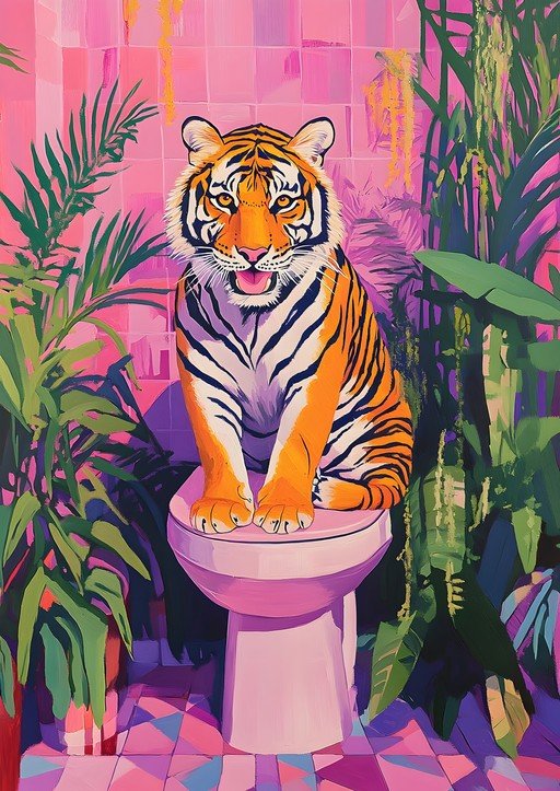 Tiger on Toilet in Tropical Bathroom