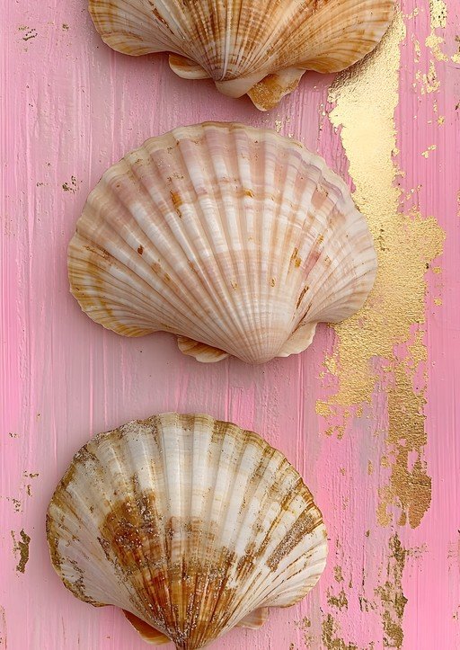 Scallop Shells on Pink and Gold Textured Background