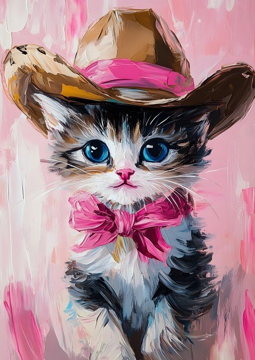 Adorable Kitten in Cowboy Hat and Pink Bow