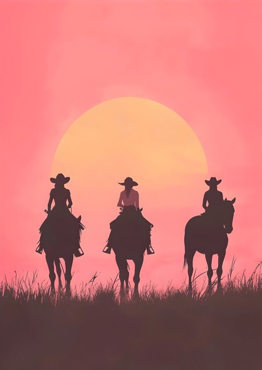 Cowgirls Ride Silhouetted Against a Sunset