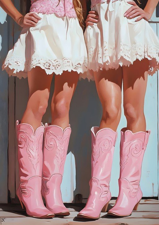 Two Women in Pink Cowboy Boots and White Dresses