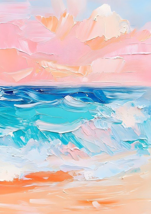 Impressionistic Beach Scene with Pastel Clouds and Turquoise Waves