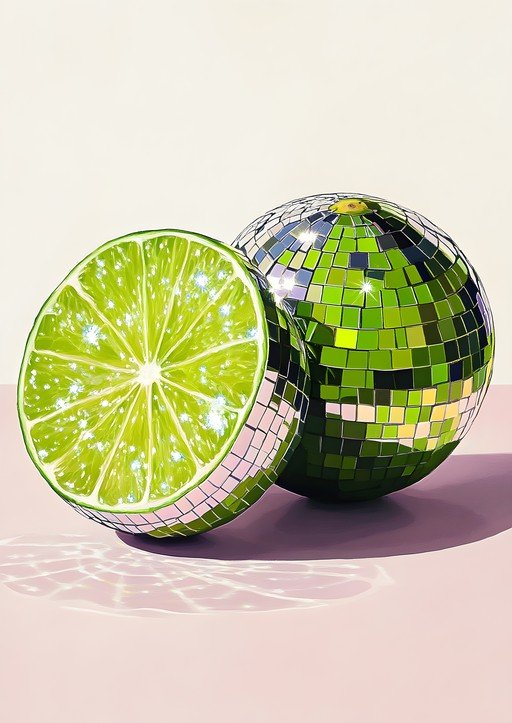 Lime Disco Ball and Slice with Glittering Sparkles