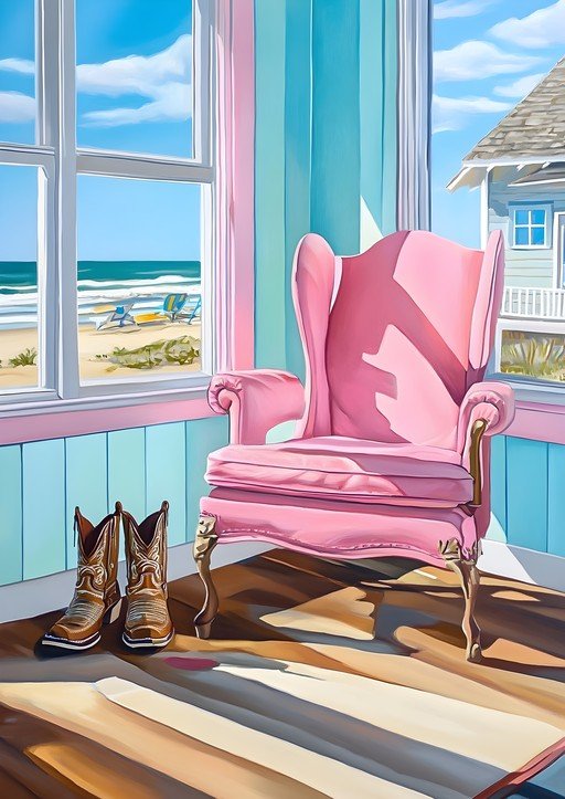 Pink Armchair and Cowboy Boots by the Beach
