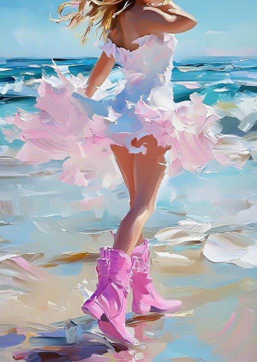 Woman in Pink Boots Dancing on Beach