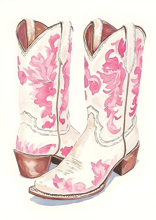Pink Floral Cowboy Boots Watercolor Art