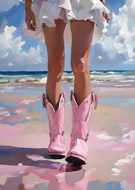 Woman in Pink Cowboy Boots on Beach