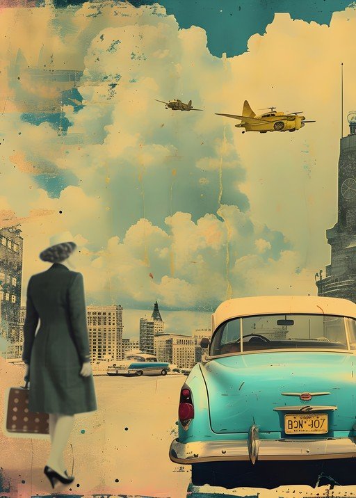 Retro Travel Scene: Woman, Vintage Car, and Airplanes
