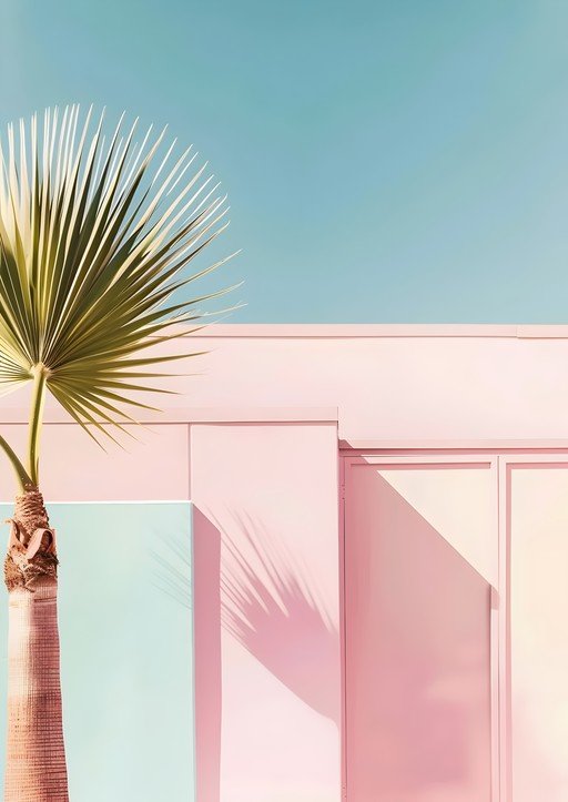 Palm Tree and Pink Building Under Blue Sky