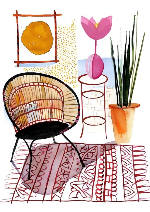 Bohemian Rattan Chair and Floral Art