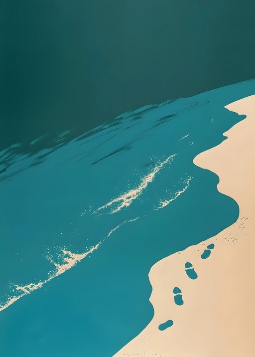 Footprints on a Sandy Beach by the Ocean