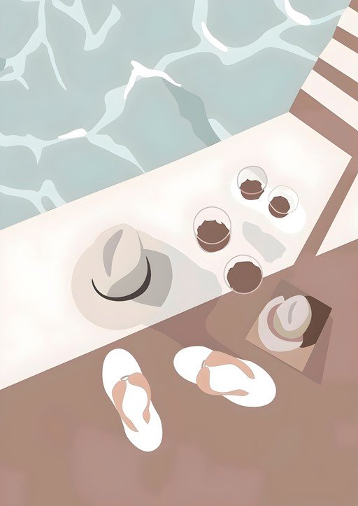 Relaxing Poolside Scene with Drinks and Hats