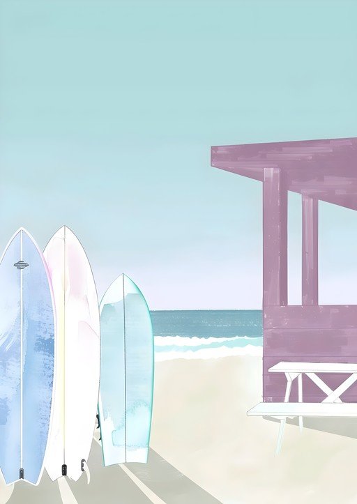 Pastel Beach Scene with Surfboards and Lifeguard Stand