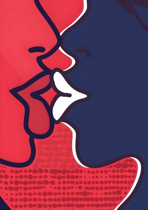 Abstract Kissing Faces in Red and Blue