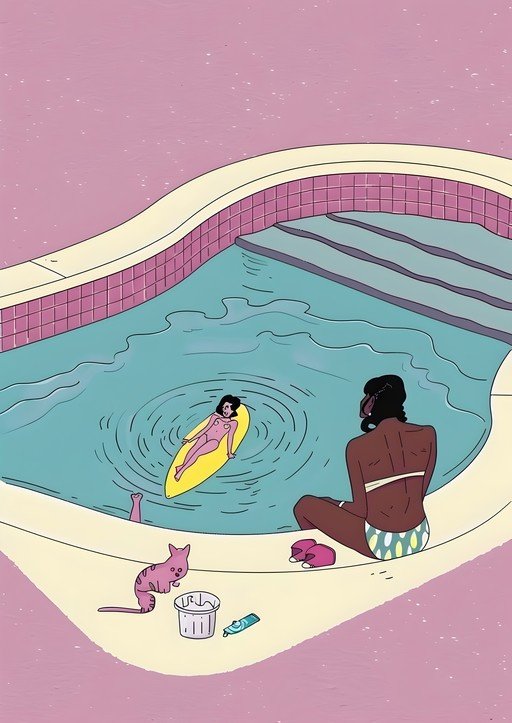 Retro Poolside Scene with Women and Cats