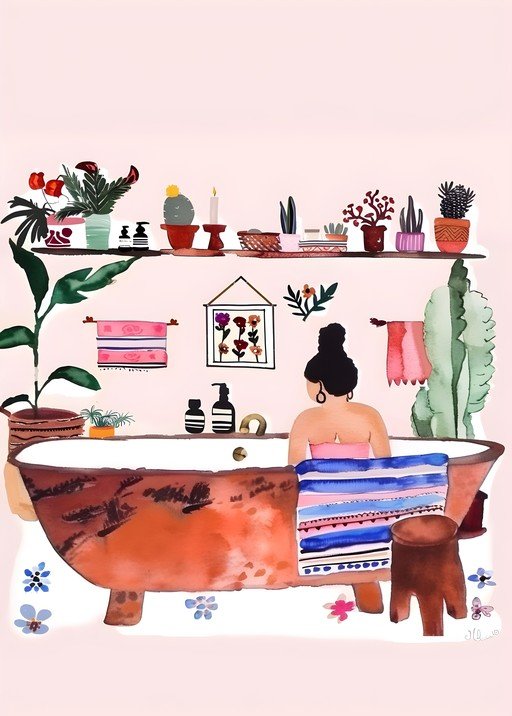 Woman Relaxing in a Bathtub Surrounded by Plants