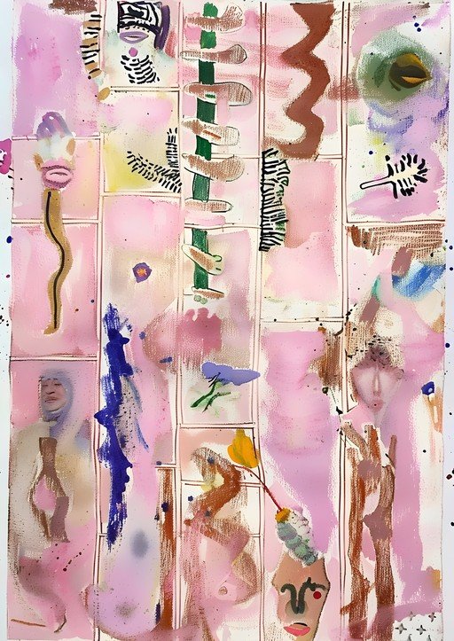 Abstract Mixed Media Artwork with Pink and Brown Tones