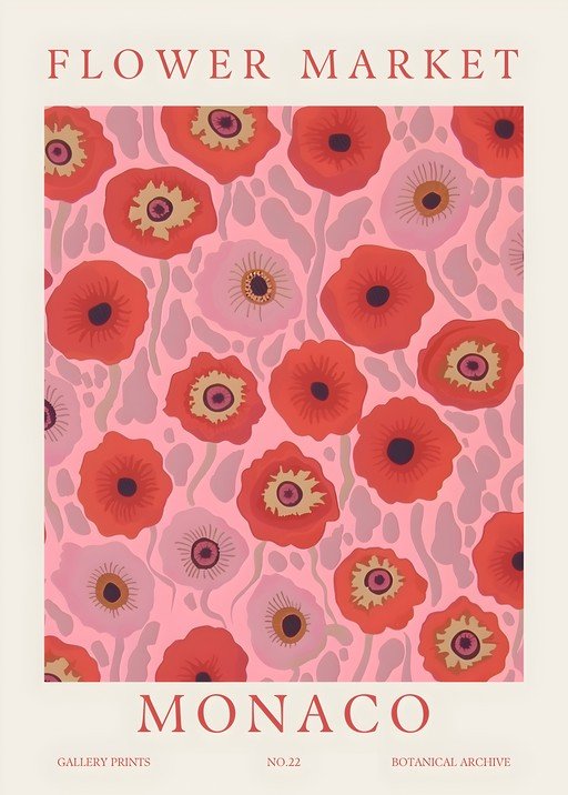 Monaco Flower Market Poster with Red Poppies