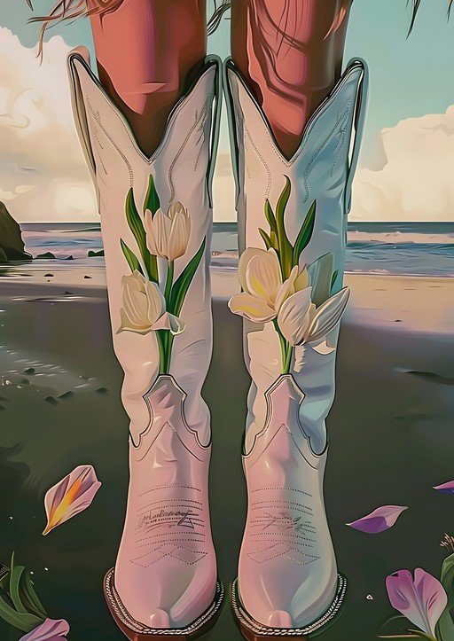Cowboy Boots with Tulips on a Beach