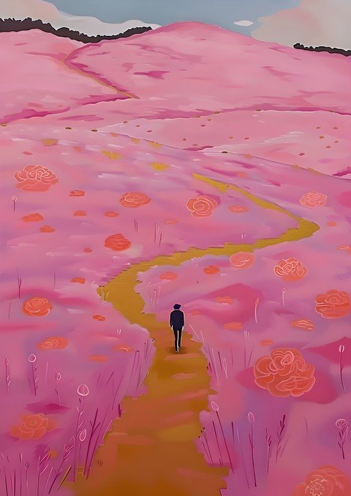 Person walking on a pink floral path