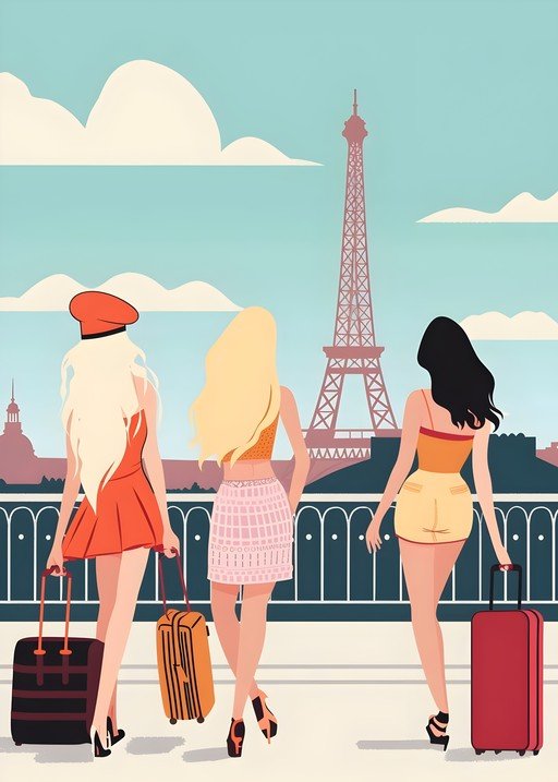 Women Traveling to Paris with Eiffel Tower View