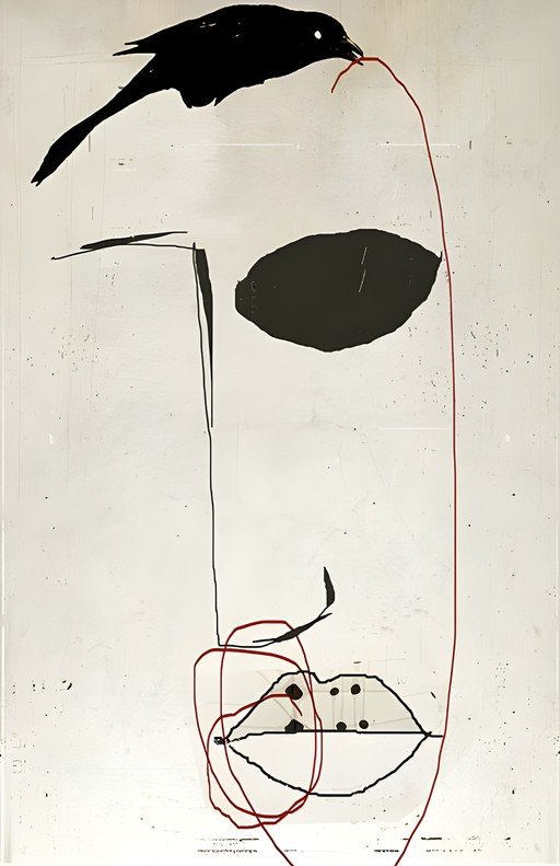 Abstract Face with Bird and Red Thread