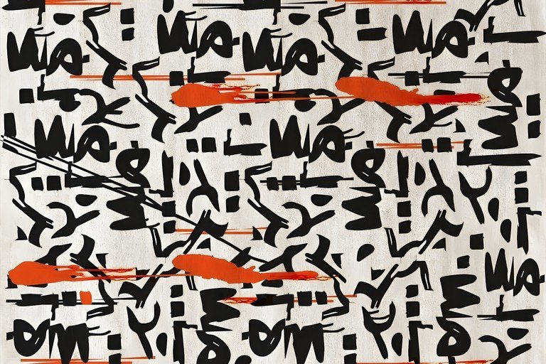 Abstract Black and Orange Calligraphy on Textured Background