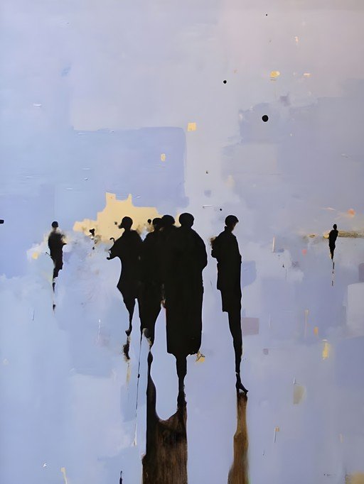 Abstract Figures in a Dreamlike Cityscape