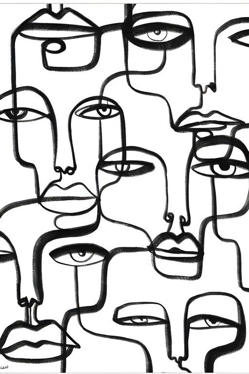 Abstract Black and White Line Art Faces