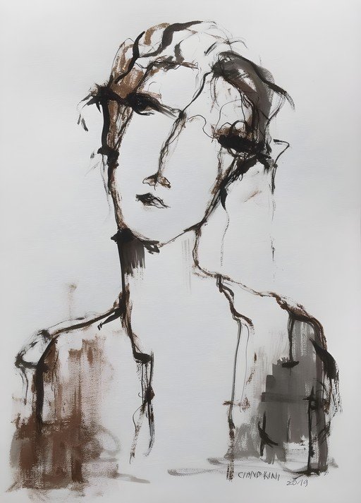Expressive Portrait of a Woman in Brown and Black Ink