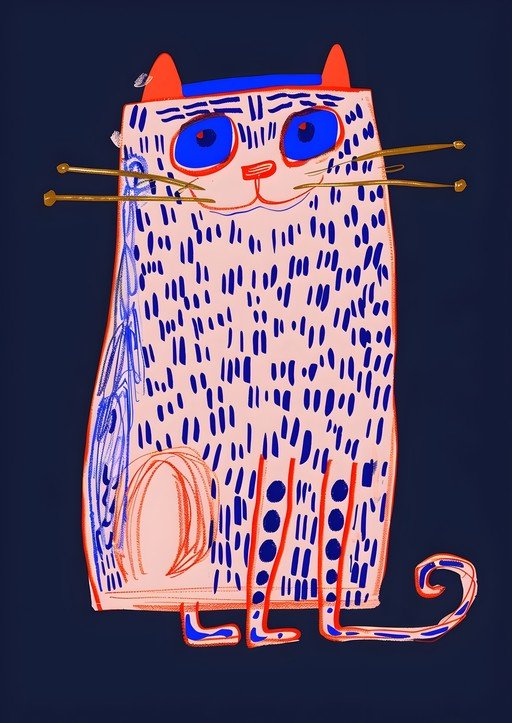 Whimsical Cat Illustration with Blue and Orange Accents