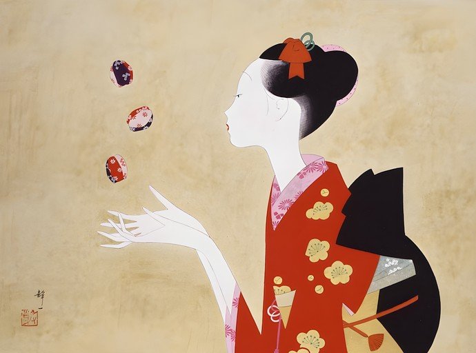 Geisha Juggling Orbs in Traditional Kimono