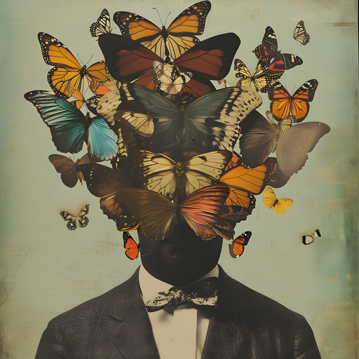 Man's Head Covered in Butterflies