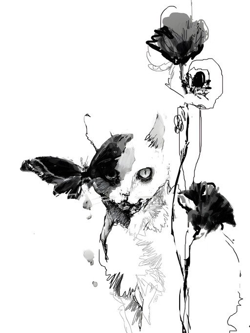 Whimsical Cat and Butterfly Ink Sketch