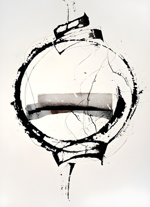 Abstract Black and White Ink Painting with Circular Motif