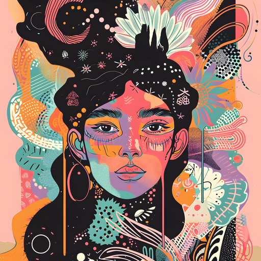 Vibrant Abstract Portrait of a Woman with Floral Elements